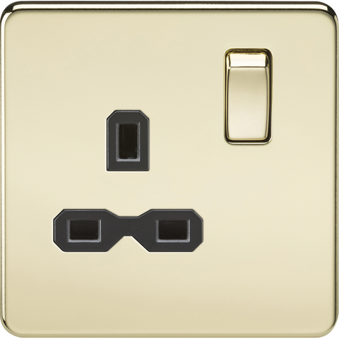 Knightsbridge Screwless 13A 1 Gang Switched Socket Polished Brass Black Insert